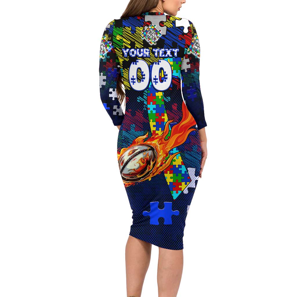 Bulldogs Autism Awareness Family Matching Long Sleeve Bodycon Dress and Hawaiian Shirt Puzzle Flames Rugby Ball
