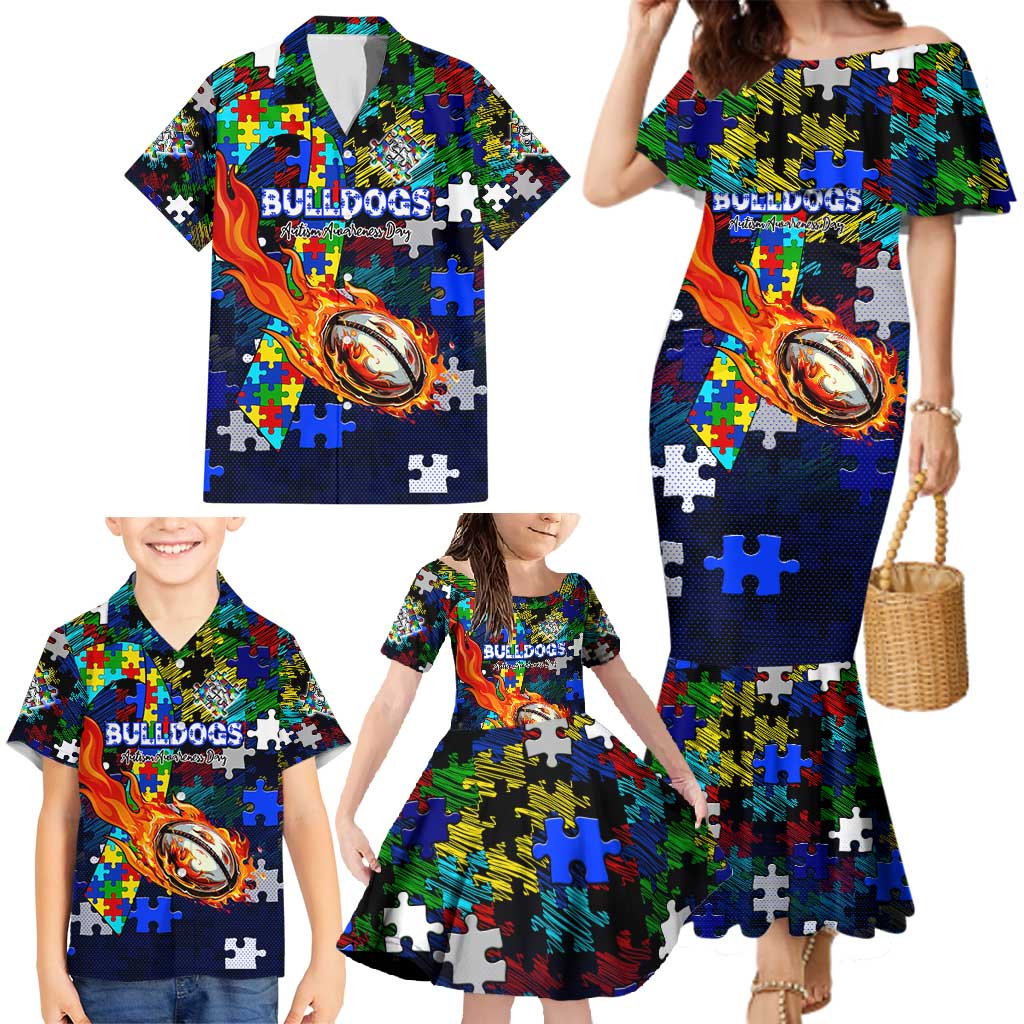 Bulldogs Autism Awareness Family Matching Mermaid Dress and Hawaiian Shirt Puzzle Flames Rugby Ball