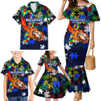 Bulldogs Autism Awareness Family Matching Mermaid Dress and Hawaiian Shirt Puzzle Flames Rugby Ball