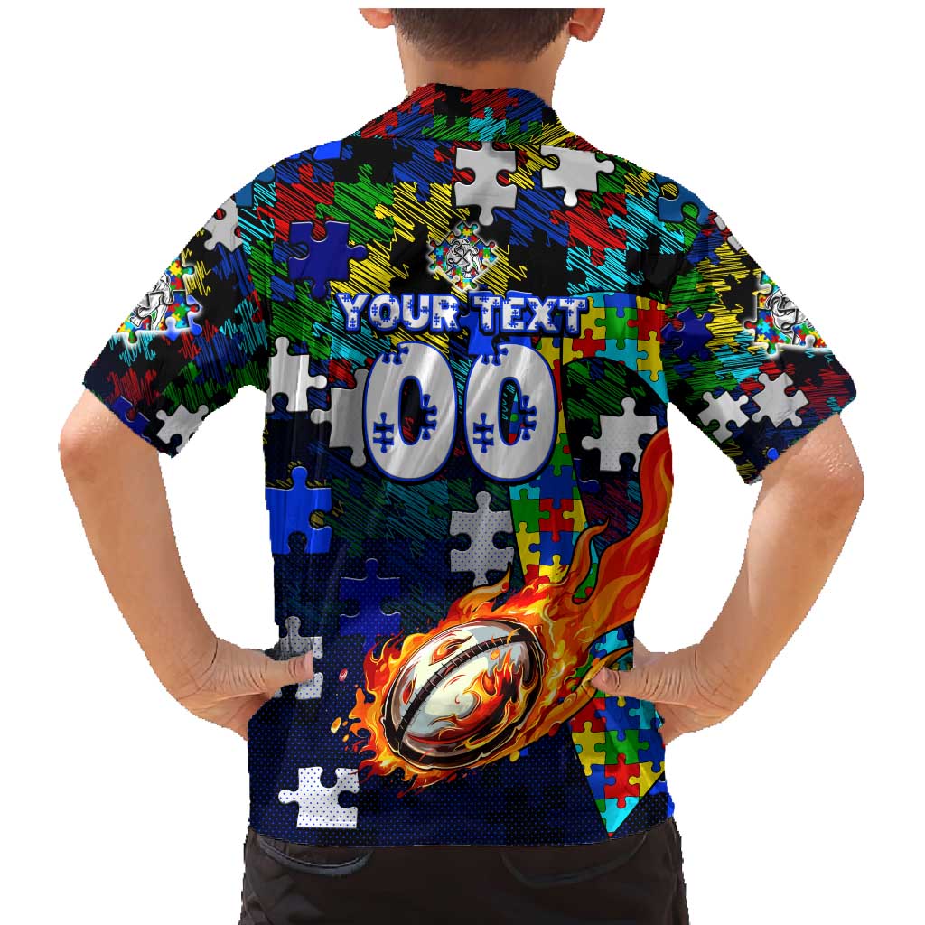 Bulldogs Autism Awareness Family Matching Mermaid Dress and Hawaiian Shirt Puzzle Flames Rugby Ball