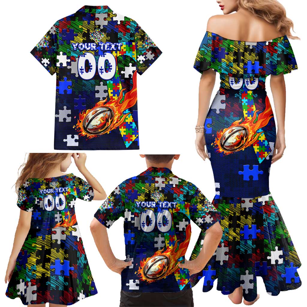 Bulldogs Autism Awareness Family Matching Mermaid Dress and Hawaiian Shirt Puzzle Flames Rugby Ball