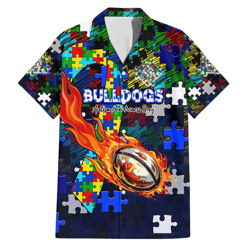 Bulldogs Autism Awareness Family Matching Mermaid Dress and Hawaiian Shirt Puzzle Flames Rugby Ball