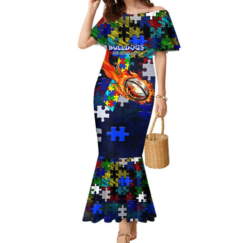 Bulldogs Autism Awareness Family Matching Mermaid Dress and Hawaiian Shirt Puzzle Flames Rugby Ball