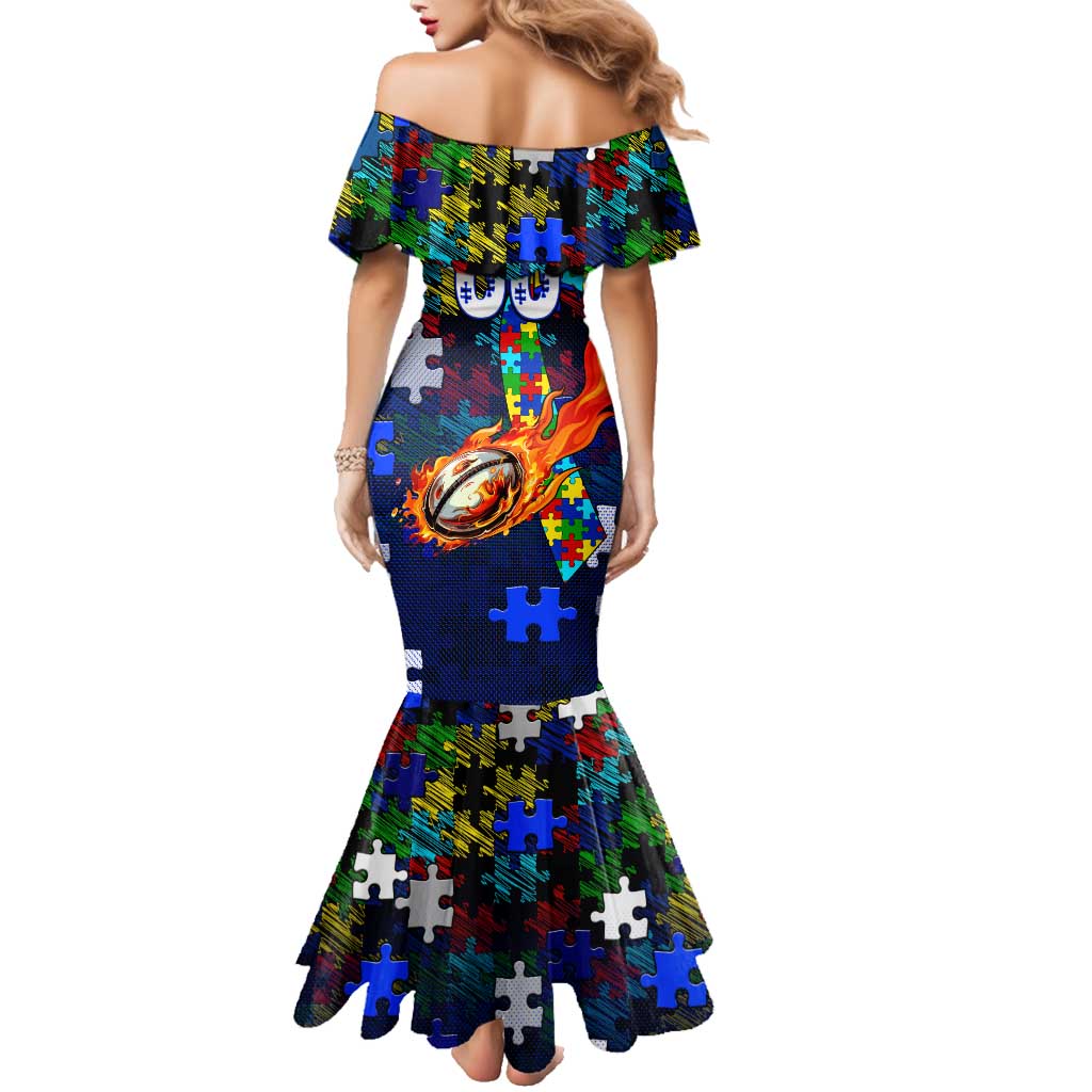 Bulldogs Autism Awareness Family Matching Mermaid Dress and Hawaiian Shirt Puzzle Flames Rugby Ball
