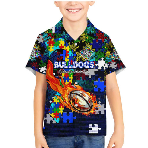Bulldogs Autism Awareness Family Matching Mermaid Dress and Hawaiian Shirt Puzzle Flames Rugby Ball