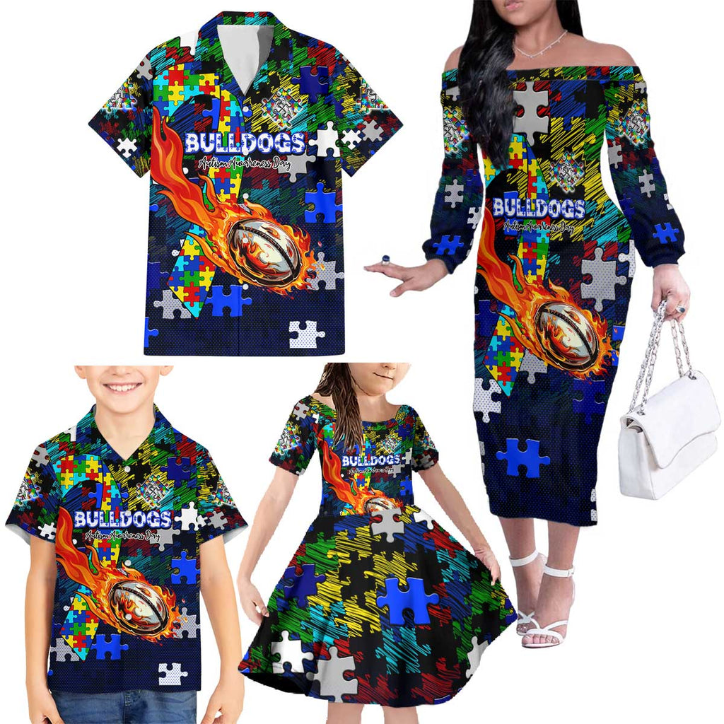Bulldogs Autism Awareness Family Matching Off The Shoulder Long Sleeve Dress and Hawaiian Shirt Puzzle Flames Rugby Ball