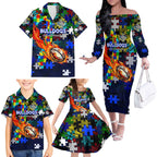 Bulldogs Autism Awareness Family Matching Off The Shoulder Long Sleeve Dress and Hawaiian Shirt Puzzle Flames Rugby Ball