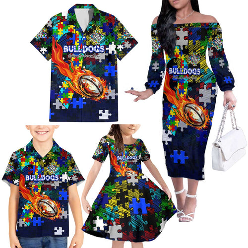 Bulldogs Autism Awareness Family Matching Off The Shoulder Long Sleeve Dress and Hawaiian Shirt Puzzle Flames Rugby Ball