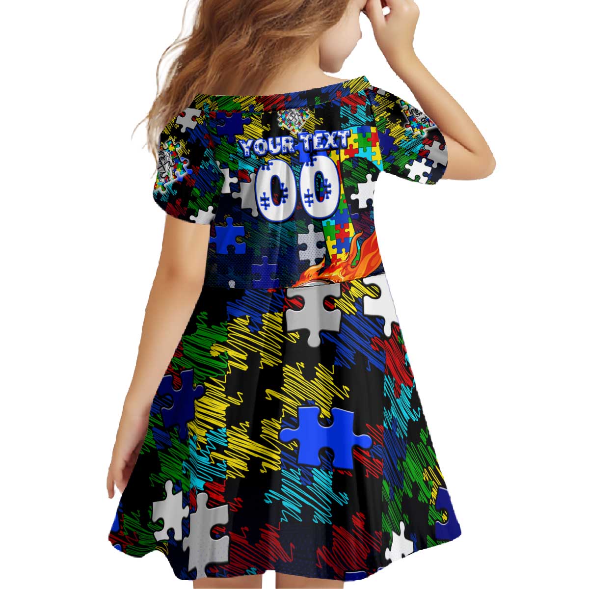 Bulldogs Autism Awareness Family Matching Off The Shoulder Long Sleeve Dress and Hawaiian Shirt Puzzle Flames Rugby Ball