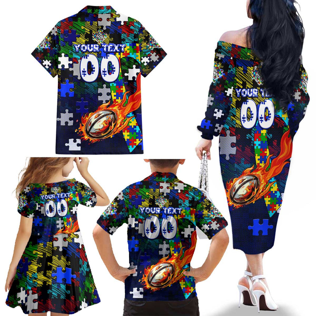Bulldogs Autism Awareness Family Matching Off The Shoulder Long Sleeve Dress and Hawaiian Shirt Puzzle Flames Rugby Ball