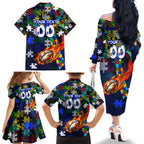 Bulldogs Autism Awareness Family Matching Off The Shoulder Long Sleeve Dress and Hawaiian Shirt Puzzle Flames Rugby Ball