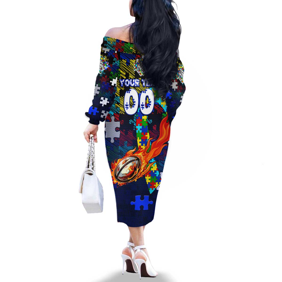 Bulldogs Autism Awareness Family Matching Off The Shoulder Long Sleeve Dress and Hawaiian Shirt Puzzle Flames Rugby Ball
