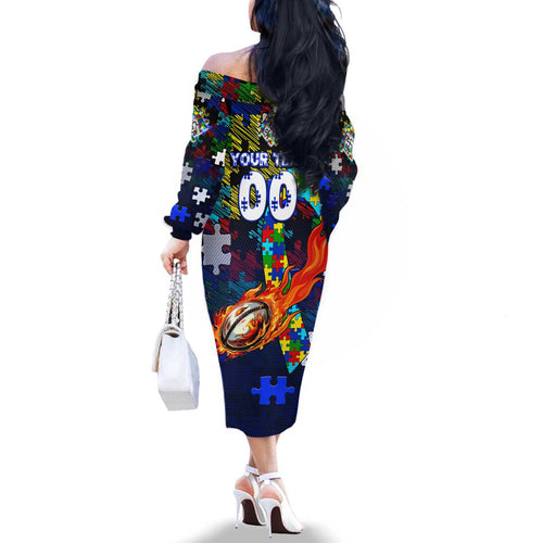 Bulldogs Autism Awareness Family Matching Off The Shoulder Long Sleeve Dress and Hawaiian Shirt Puzzle Flames Rugby Ball