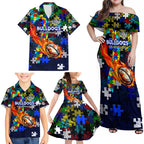 Bulldogs Autism Awareness Family Matching Off Shoulder Maxi Dress and Hawaiian Shirt Puzzle Flames Rugby Ball