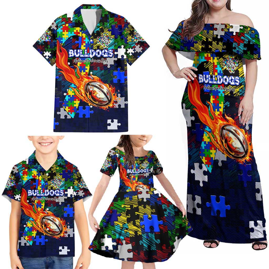 Bulldogs Autism Awareness Family Matching Off Shoulder Maxi Dress and Hawaiian Shirt Puzzle Flames Rugby Ball