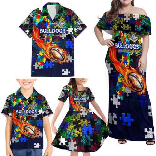 Bulldogs Autism Awareness Family Matching Off Shoulder Maxi Dress and Hawaiian Shirt Puzzle Flames Rugby Ball