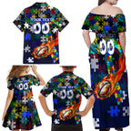 Bulldogs Autism Awareness Family Matching Off Shoulder Maxi Dress and Hawaiian Shirt Puzzle Flames Rugby Ball