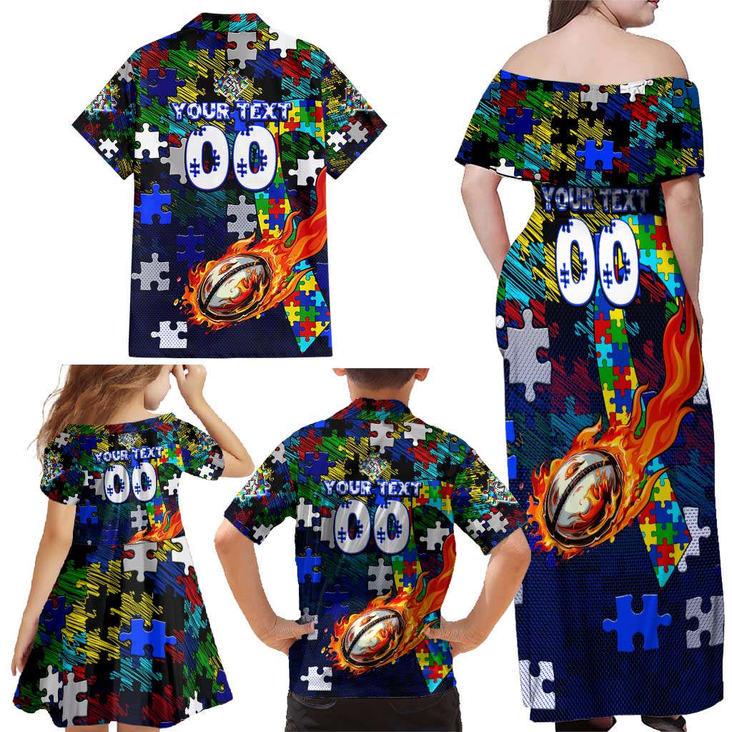 Bulldogs Autism Awareness Family Matching Off Shoulder Maxi Dress and Hawaiian Shirt Puzzle Flames Rugby Ball