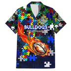 Bulldogs Autism Awareness Family Matching Off Shoulder Maxi Dress and Hawaiian Shirt Puzzle Flames Rugby Ball