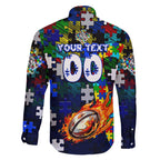 Bulldogs Autism Awareness Family Matching Off Shoulder Maxi Dress and Hawaiian Shirt Puzzle Flames Rugby Ball