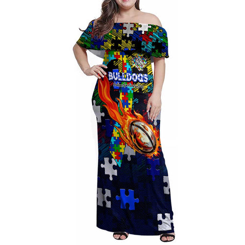 Bulldogs Autism Awareness Family Matching Off Shoulder Maxi Dress and Hawaiian Shirt Puzzle Flames Rugby Ball