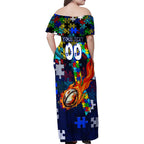 Bulldogs Autism Awareness Family Matching Off Shoulder Maxi Dress and Hawaiian Shirt Puzzle Flames Rugby Ball