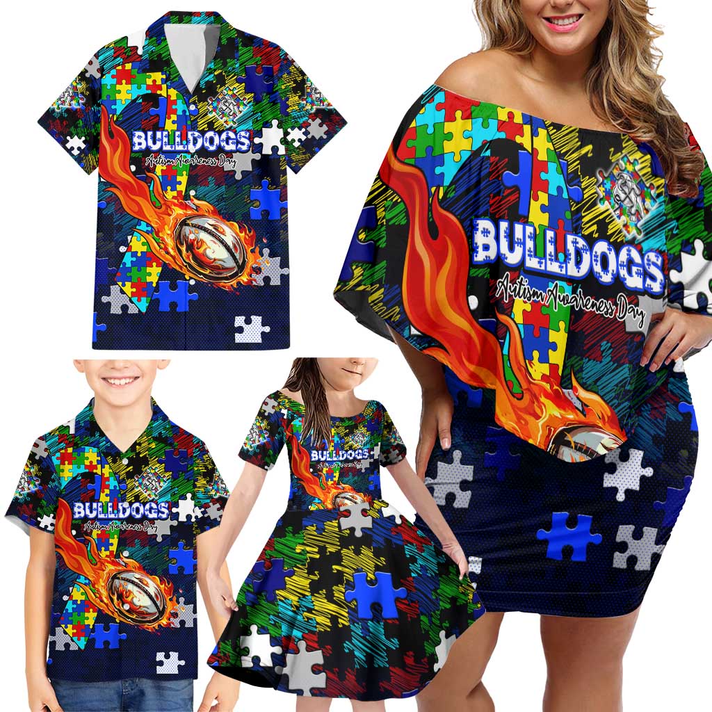 Bulldogs Autism Awareness Family Matching Off Shoulder Short Dress and Hawaiian Shirt Puzzle Flames Rugby Ball