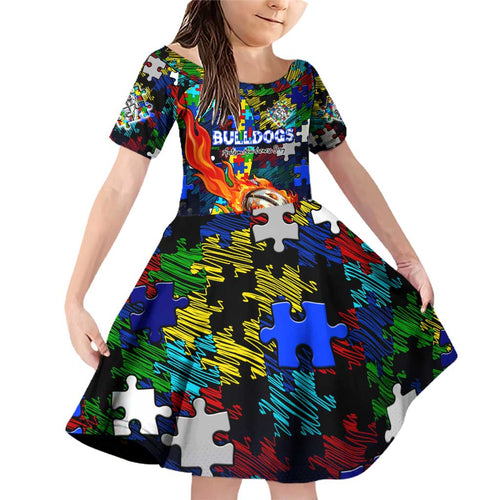 Bulldogs Autism Awareness Family Matching Off Shoulder Short Dress and Hawaiian Shirt Puzzle Flames Rugby Ball