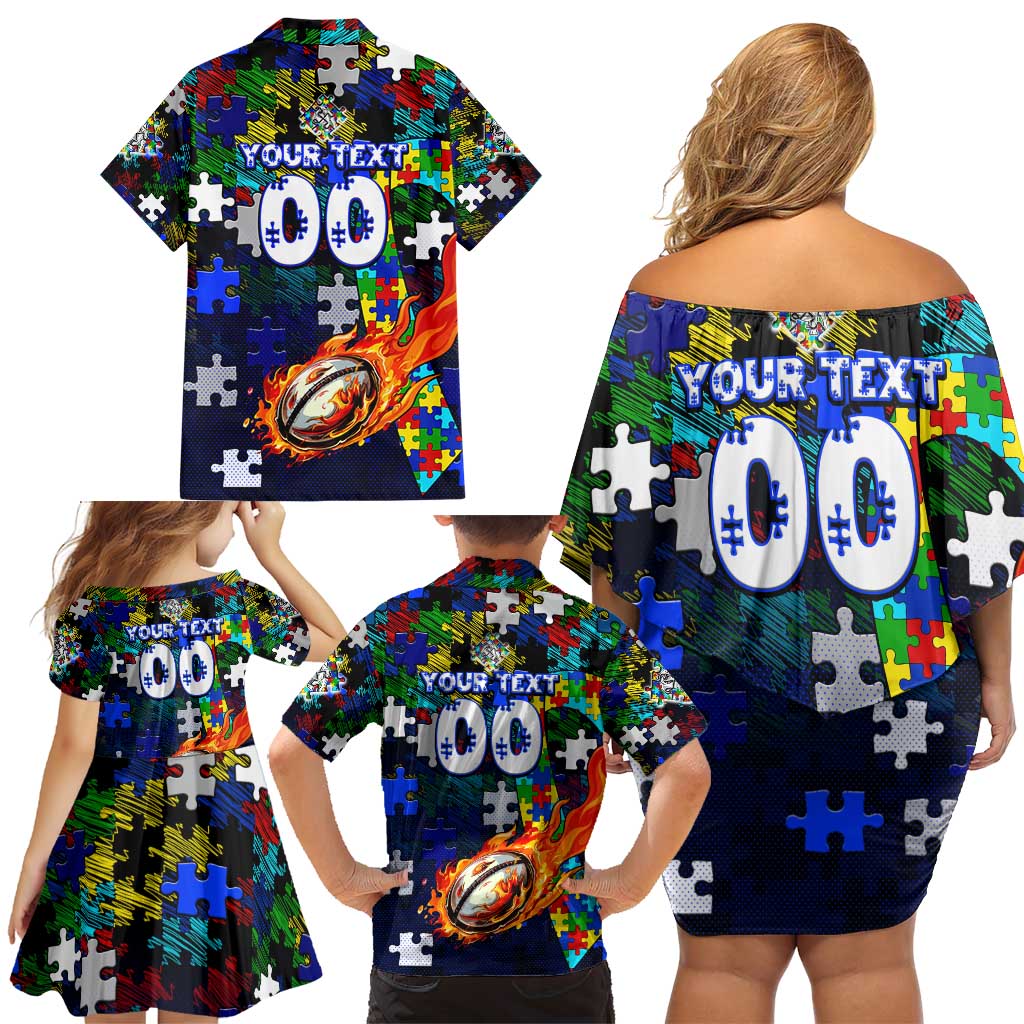Bulldogs Autism Awareness Family Matching Off Shoulder Short Dress and Hawaiian Shirt Puzzle Flames Rugby Ball