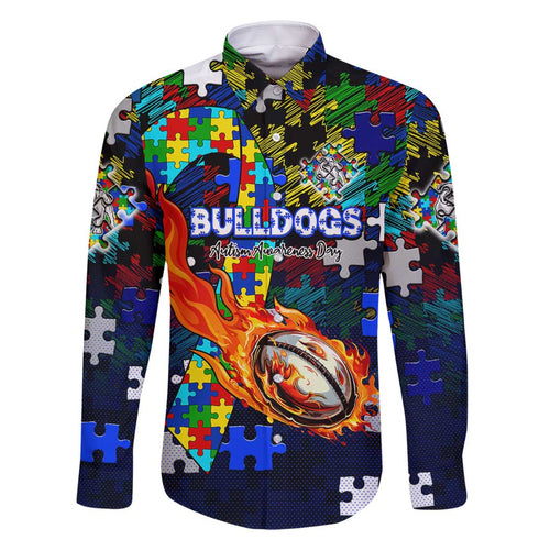 Bulldogs Autism Awareness Family Matching Off Shoulder Short Dress and Hawaiian Shirt Puzzle Flames Rugby Ball