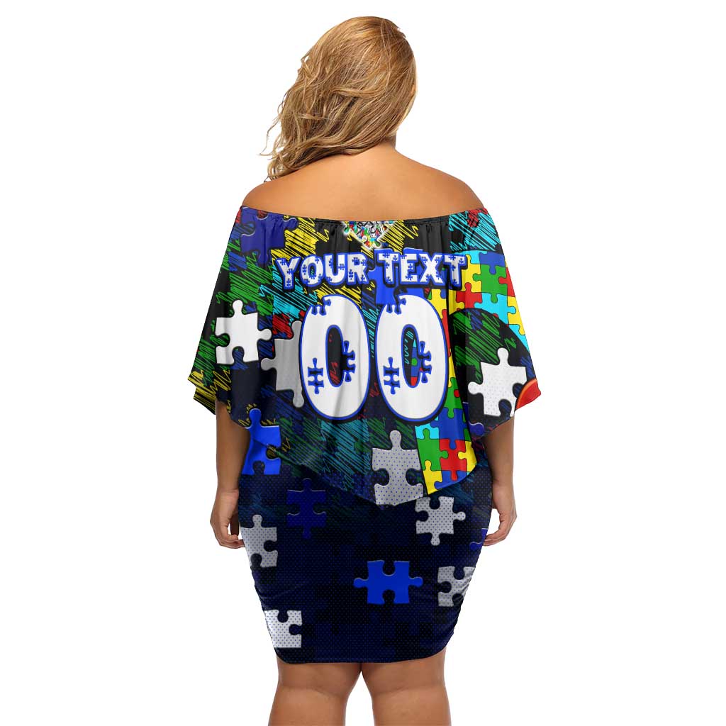 Bulldogs Autism Awareness Family Matching Off Shoulder Short Dress and Hawaiian Shirt Puzzle Flames Rugby Ball
