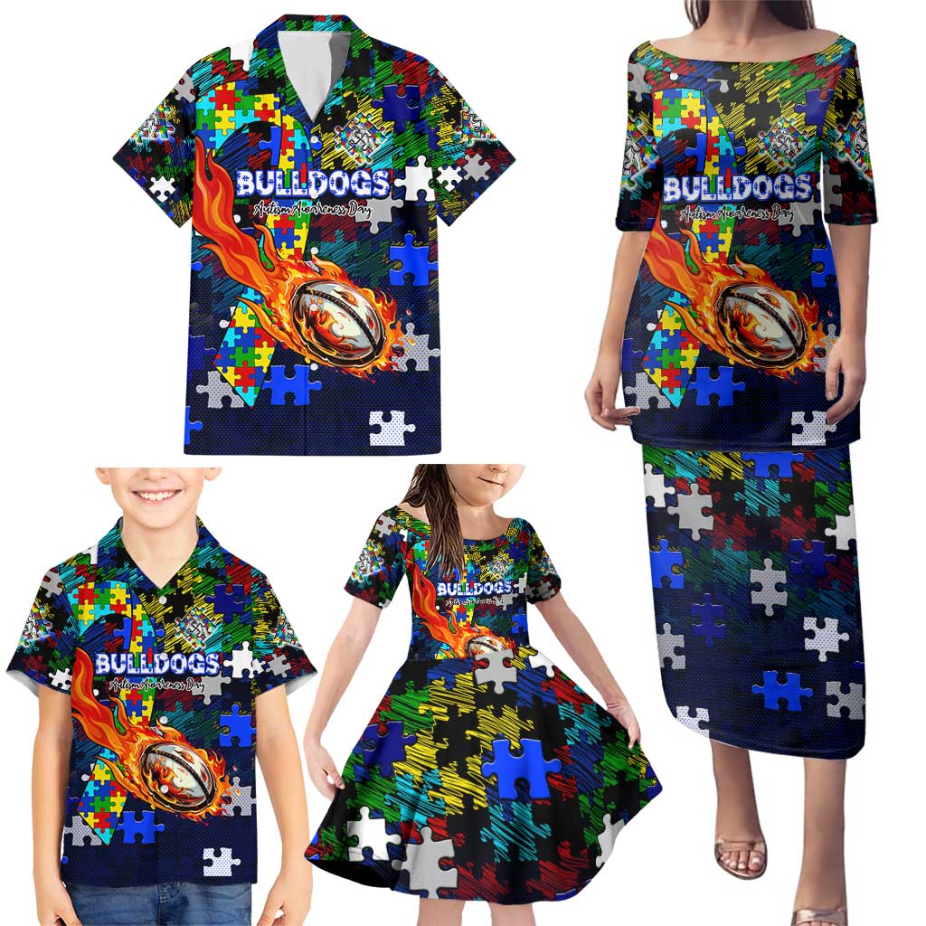 Bulldogs Autism Awareness Family Matching Puletasi and Hawaiian Shirt Puzzle Flames Rugby Ball
