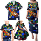Bulldogs Autism Awareness Family Matching Puletasi and Hawaiian Shirt Puzzle Flames Rugby Ball