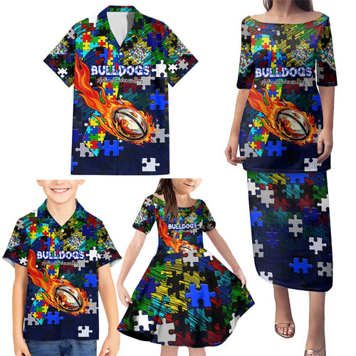 Bulldogs Autism Awareness Family Matching Puletasi and Hawaiian Shirt Puzzle Flames Rugby Ball