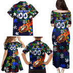 Bulldogs Autism Awareness Family Matching Puletasi and Hawaiian Shirt Puzzle Flames Rugby Ball