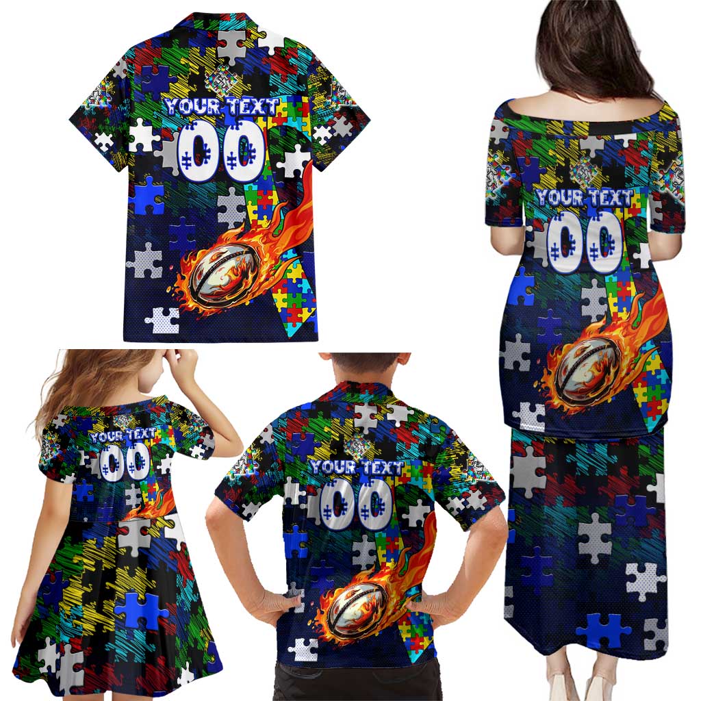 Bulldogs Autism Awareness Family Matching Puletasi and Hawaiian Shirt Puzzle Flames Rugby Ball