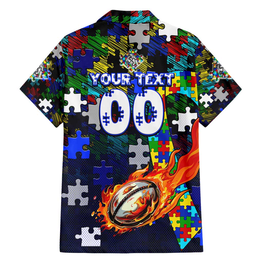Bulldogs Autism Awareness Family Matching Puletasi and Hawaiian Shirt Puzzle Flames Rugby Ball