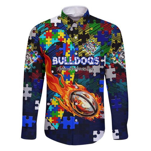 Bulldogs Autism Awareness Family Matching Puletasi and Hawaiian Shirt Puzzle Flames Rugby Ball