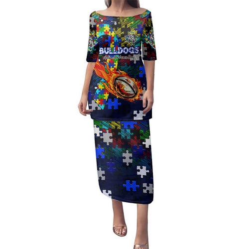Bulldogs Autism Awareness Family Matching Puletasi and Hawaiian Shirt Puzzle Flames Rugby Ball