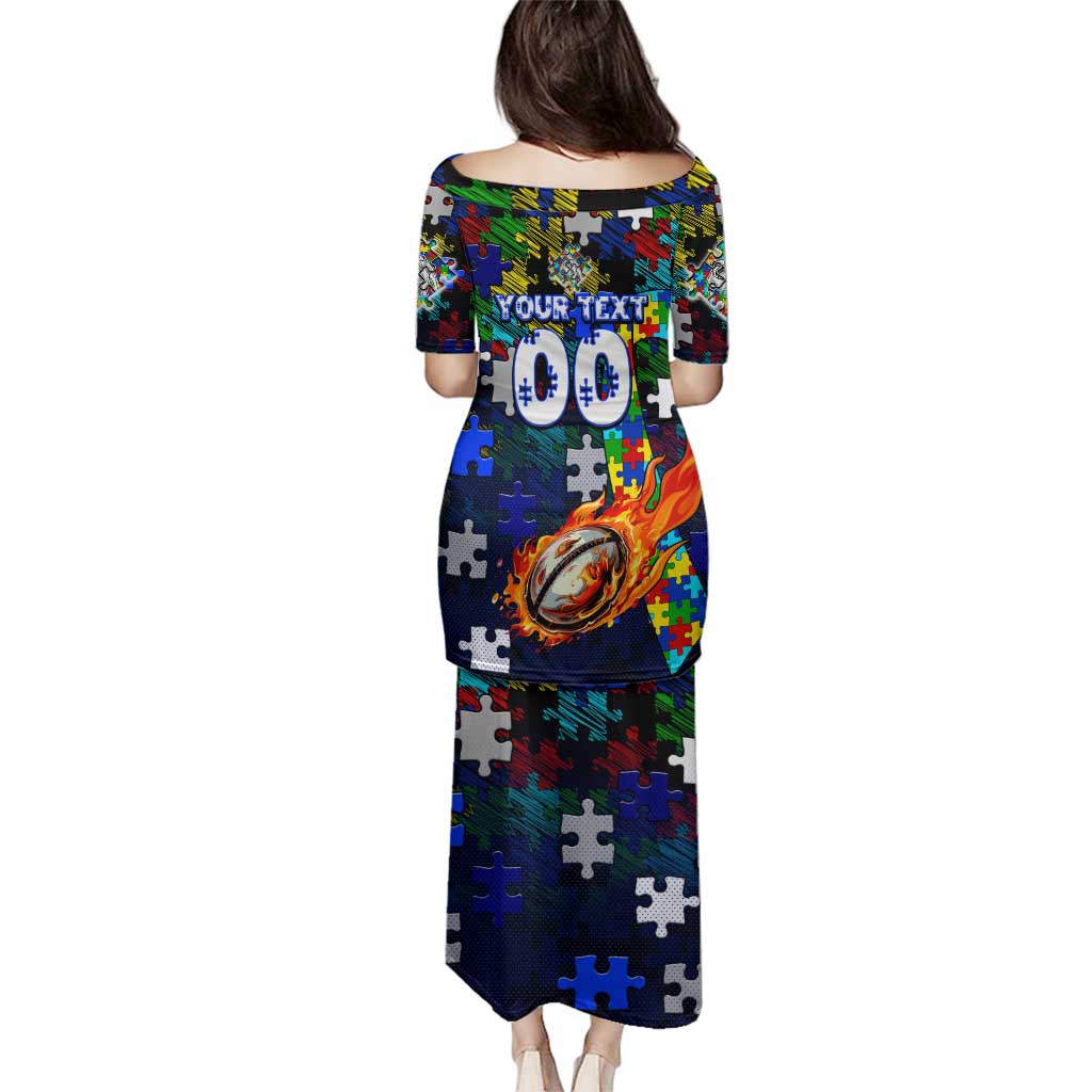 Bulldogs Autism Awareness Family Matching Puletasi and Hawaiian Shirt Puzzle Flames Rugby Ball