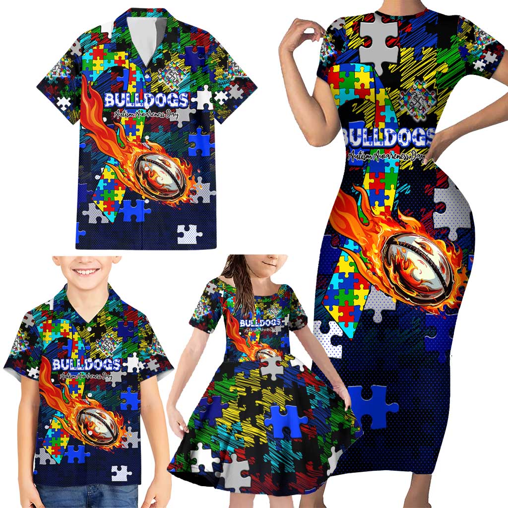 Bulldogs Autism Awareness Family Matching Short Sleeve Bodycon Dress and Hawaiian Shirt Puzzle Flames Rugby Ball