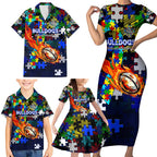 Bulldogs Autism Awareness Family Matching Short Sleeve Bodycon Dress and Hawaiian Shirt Puzzle Flames Rugby Ball