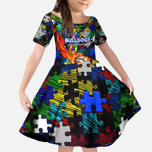 Bulldogs Autism Awareness Family Matching Short Sleeve Bodycon Dress and Hawaiian Shirt Puzzle Flames Rugby Ball