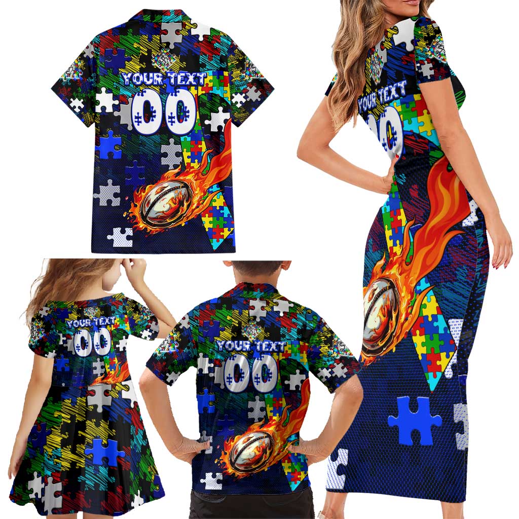 Bulldogs Autism Awareness Family Matching Short Sleeve Bodycon Dress and Hawaiian Shirt Puzzle Flames Rugby Ball