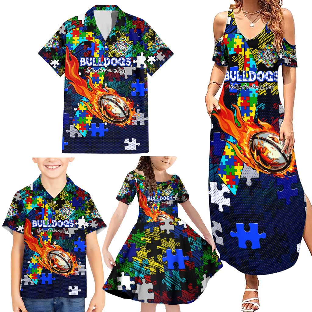 Bulldogs Autism Awareness Family Matching Summer Maxi Dress and Hawaiian Shirt Puzzle Flames Rugby Ball