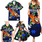 Bulldogs Autism Awareness Family Matching Summer Maxi Dress and Hawaiian Shirt Puzzle Flames Rugby Ball