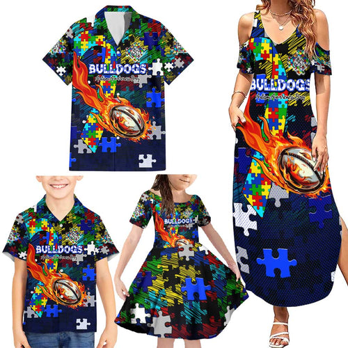 Bulldogs Autism Awareness Family Matching Summer Maxi Dress and Hawaiian Shirt Puzzle Flames Rugby Ball