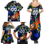 Bulldogs Autism Awareness Family Matching Summer Maxi Dress and Hawaiian Shirt Puzzle Flames Rugby Ball
