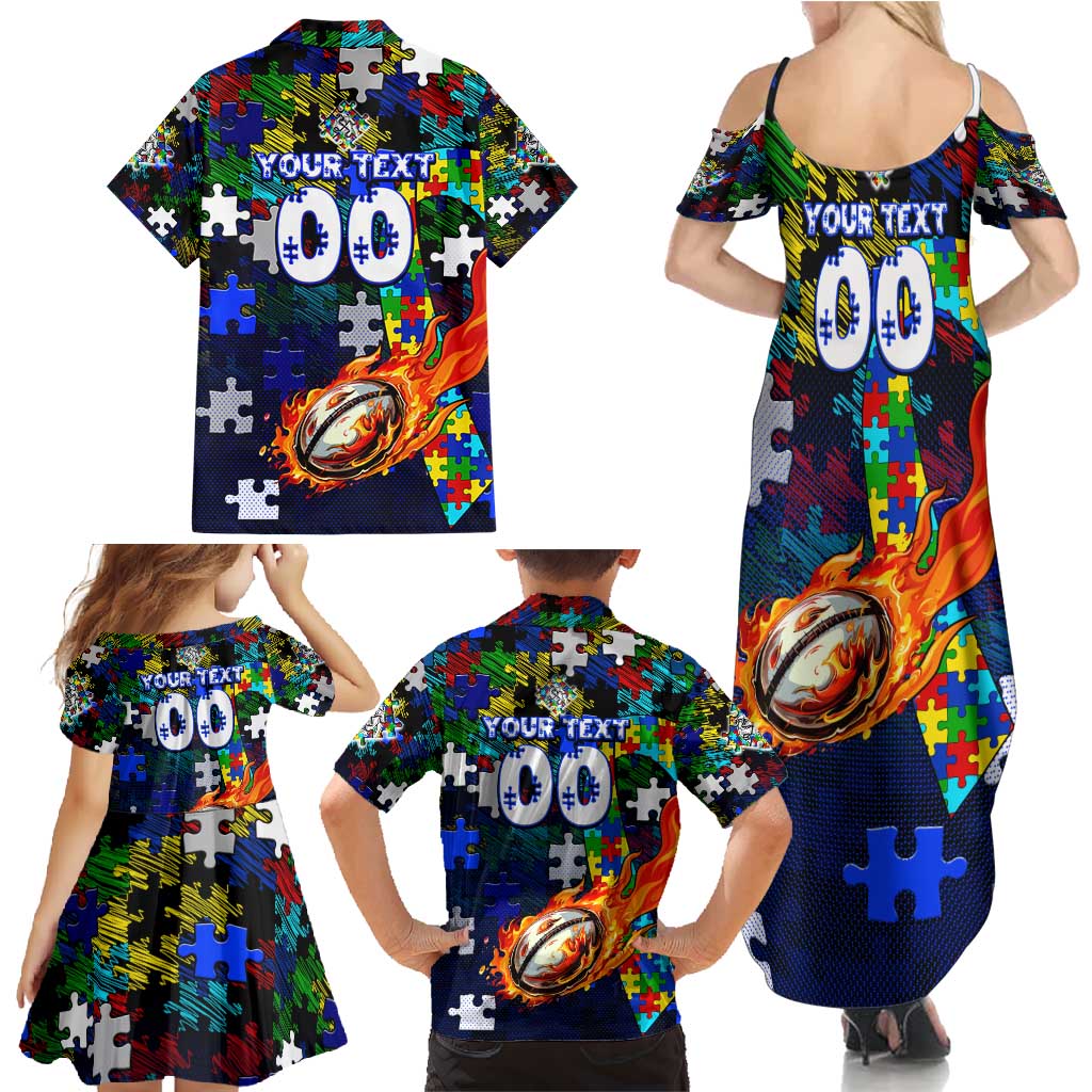 Bulldogs Autism Awareness Family Matching Summer Maxi Dress and Hawaiian Shirt Puzzle Flames Rugby Ball