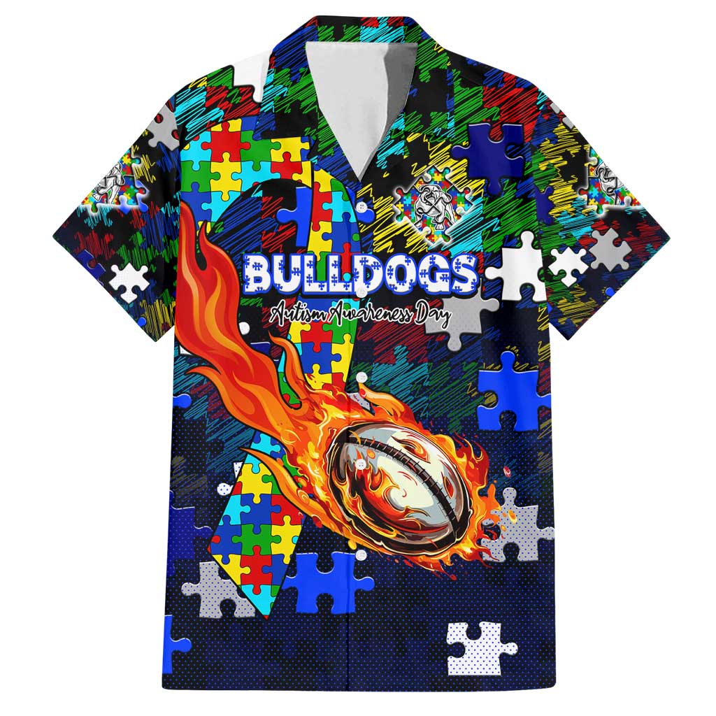 Bulldogs Autism Awareness Family Matching Summer Maxi Dress and Hawaiian Shirt Puzzle Flames Rugby Ball